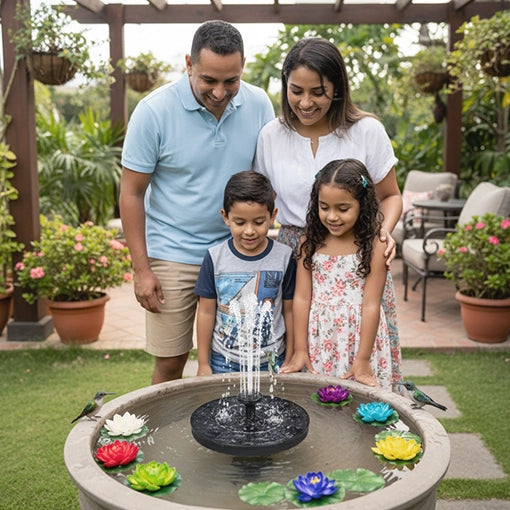 Fuente de agua más flores